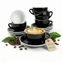 MUVELL Cappuccinotasse 6er Cappuccino-Set "Rimini" Tasse 200ml+Untertasse, schwarz, 6-tlg., Keramik, 200 ml Schwarz mit weißen Rand und Innenfläche