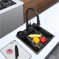 Faizee Home Edelstahlspüle Edelstahlspüle Küchenspüle Schwarz mit Wave-Armatur & Zubehör