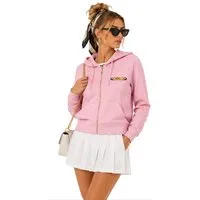 Moschino Kapuzensweatjacke Couture! Milano Kapuzenjacke Hoodie Sweatjacke Sweatshirt Markantes goldfarbenes Moschino-Metalllogo auf Brusthöhe