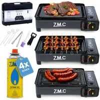 ZMC Gaskocher 2-in-1 Gaskocher + Gasgrill, Campingkocher mit 4x Gaskartuschen 227g, (mit Grillplatte + Grillrost, stufenlos regulierbar, Tischgrill), mit Tragekoffer, 3,8kg, Piezo-Zündung Wärmeleistung: 2,2KW