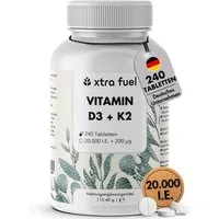 XTRA FUEL Vitamin D3 + K2 240 Tabletten - 20.000 I.E. + 200mcg - 100% rein Tablette, 115.4 g