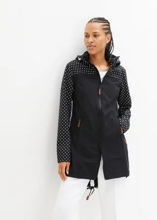 bonprix Wasserabweisende Softshelljacke, schwarz, Gr.44, Lange Softshelljacke mit abnehmbarer Kapuze und Reißverschlusstaschen, Slim Fit, aus Softshell