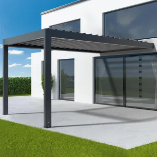 Pergola 3x5 m, elektrisch, mit Motor, Anbaupergola aus Aluminium, Anthrazitgrau RAL 7016, 3000x5000 mm
