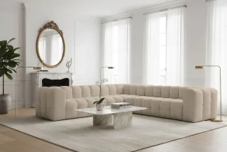 Ecksofa Designersofa SOLVIE in Stoff Moly Beige Seite Universal