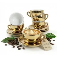 MUVELL Cappuccinotasse 6er Cappuccino-Set "FLORENZ" Tasse 200ml + Untertasse, gold, 6-tlg., Keramik, 200 ml robust