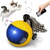 MOPUEA Tier-Intelligenzspielzeug Katzenball Interaktives Katzenspielzeug Ball mit Fernbedienung und LED, 7.7×5.3×6.5cm, mit Federschwanz und Glocke, LED-Lichter in vier Farben (1-tlg) In zwei Farben erhältlich: gelb, blau, perfekt für den Innenbereic