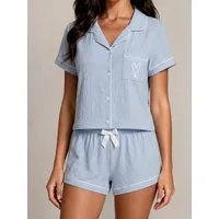 Elegant Love Shorty Damen Schlafanzug Set – leichte Sommer Nachtwäsche mit Herz-Stickerei (Set, 2 tlg., kurzarm Oberteil mit Knopfleiste & Shorts) Pyjama Set – luftige Homewear & Loungewear für ruhige warme Nächte