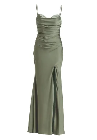 hey kyla - Figurbetontes Abendkleid mit Drapierung und Beinschlitz matcha green - Gr. - 34