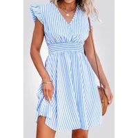 Cupshe Shirtkleid Blau-weißes Streifenkleid mit Raff-Taille & Volants