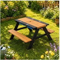 HAGO Garten-Kindersitzgruppe Kindersitzgruppe Sitzbank Kindertisch Spieltisch Matschtisch, (1-tlg), 2x Kunststoffwanne, 2x Tischabdeckung, Schirmloch