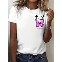 RMK T-Shirt Damen Shirt kurzarm Rundhalsausschnitt Butterfly 100% Baumwolle