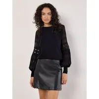 Apricot Rundhalspullover Pullover mit kontrastierenden Ärmeln mit Spitze