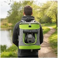 belviona Rucksack für Katzen bis 10 kg, mit Regenschutz, grau/grün (1-tlg), mit Belüftung, Trinkflaschenfach & Regenschutz