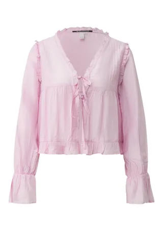 Q/S designed by - Kurz geschnittene Bluse mit V-Ausschnitt und Rüschen pink - Gr. - 40