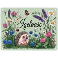 speecheese Metallschild Igel auf Wildblumen Igeloase Metallschild in 15x20 cm Gartendeko