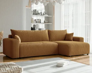 Ecksofa mit Schlaffunktion LUNA MAX in Stoff Poso Honiggelb Ottomane Rechts