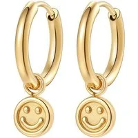 Hey Happiness Paar Creolen Smiley Charm, kleine Statement Ohrringe mit Anhänger, Moderne Creolen Damen Edelstahl, wasserfest