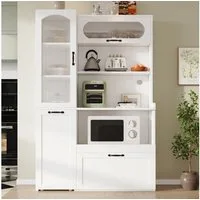 BlingBin Hochschrank 98×40×177cm Küchenbuffet mit Verstellbaren Regalböden & Schubladen (1er Set, 1-St., Küchenschrank mit Ausziehbaren Regalböden und Riffelglas) Aufbewahrungsschrank für Esszimmer, Wohnzimmer und Küche, Weiß