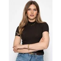 SASSYCLASSY T-Shirt Shirt in Rippstruktur mit Stehkragen für Damen Modernes T-Shirt mit Stehkragen im körpernahem Schnitt Offwhite Braun