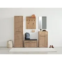 Home affaire Garderoben-Set Landes, Schrank, Schuhbank mit Kissen, Paneel, Spiegel und Kommode, (Komplett-Set, 5-St), Artisan Eiche,Front mit schwarzen Streifen,Garderobenpaneel mit Haken