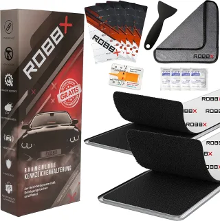 2x Original ROBBX® Premium Kennzeichenhalter Rahmenlos selbstklebend mit Klettband inklusive Mikrofasertuch Profiltiefenmesser Rakel passend für alle Fahrzeuge