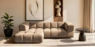 Ecksofa Designersofa BLANCHE in Stoff Bluvel Latte Ottomane Links