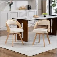 MODFU Esszimmerstuhl Drehstuhl für Esszimmer aus Holz (4-Fußstuhl mit geschwungener Rückenlehne und Baumwoll-Leinen-Kissen)