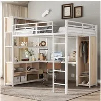 Merax Hochbett 140x200cm mit Leiter (aus Eisen & Spanplatte, 1-St., Stockbett Kinderbett Jugendbett Einzelbett) Eisenbett mit Schreibtisch, Doppelstauraum, Kleiderschrank & Stauraum