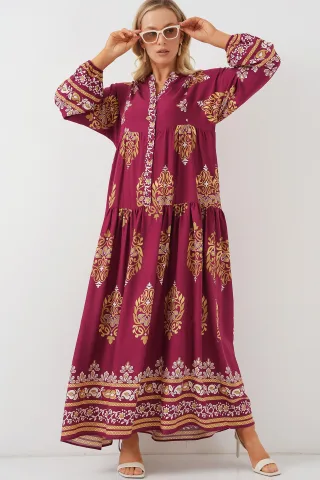 Muster Maxi-Kleid mit V-Ausschnitt und Knopfverschluss