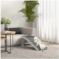 PawHut Hunderampe Haustierrampe mit rutschfestem Teppich (Hundeeinstiegshilfe, 1-St., Haustierleiter), Kiefernholz Polyester Weiß+Grau 125 x 40 x 35,5 cm