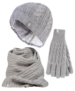 Damen-Set aus Strickmütze, Schal und Handschuhen | Wärmehalter | Mit Fleece gefüttertes Thermo-Set für kaltes Wetter für den Winter in Hellgrau
