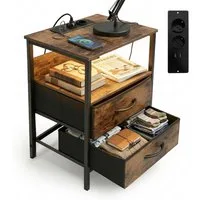 relaxdays Nachttisch Beistelltisch mit LED & USB-Anschluss (2-St), Vintagebraun