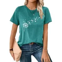PYLIKE Rundhalsshirt Damen bequemes Frühling Kurzarmbluse Löwenzahn Print-Shirt Bequem für Freizeit und Büro,Strandurlaub