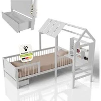 Juskys Kinderbett Yari, 90x200 cm, Hausoptik, Schreibtisch, 3 - 10 Jahre, Holz