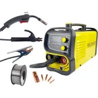 WELDINGER Fülldrahtschweißgerät ME 130 mini Flux IGBT Schweißgerät, 20,00 - 130,00 A, Einsteigerset, 10- tlg., 4 in 1 Kombigerät, geeignet für Edelstahl Fülldraht