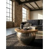 KADIMA DESIGN Couchtisch Couchtisch Mango Massivholz / Metall 60x43x60 cm Industrial Style Rund (Moderner Loungetisch Sofatisch Silber), Design Wohnzimmertisch mit Stauraum
