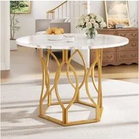 KLAM HOME Esstisch Runder Esstisch (100×100×76cm), Küchentisch, Runder Kaffeetisch für 4 (Tischbeine aus Metall,MDF marmorierte Tischplatte, goldene Beine), geeignet für Esszimmer, Wohnzimmer
