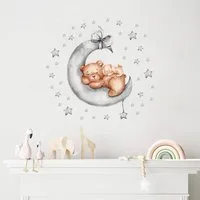 Montegoni Wandsticker Gute Nacht Babytiere Schlafend auf Mond Wandaufkleber, Einfach anzubringende, süßen Baby Tierszenen auf dem Mond