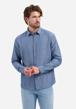No Excess - Shirt Vertical Small Stripe With Linen indigo blue - Gr. - XXL