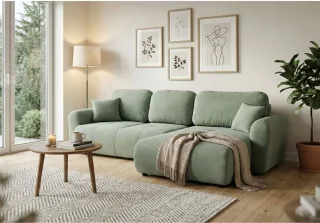 Ecksofa mit Schlaffunktion BRUSK MAX in Stoff Kronos Hellgrün Ottomane Rechts