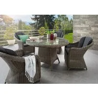 Destiny Garten-Essgruppe MALAGA LUNA 4 Se + Tisch Ø 100x75cm vintage grau, (Set, 5-tlg., 4 Sessel inkl. Polster, Tisch mit aufgelegter Glasplatte), Aluminium, Polyrattan