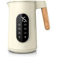 Arendo Wasserkocher Edelstahl, Doppelwand, Temperatureinstellung 40° - 100 °C mit Anzeige, 1,7 l, 2200 W, LED-Display, 5 Direktwahltemperaturen, Holzoptik-Griff, BPA-frei