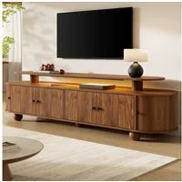 Merax Lowboard mit LED-Beleuchtung, Retro Fernsehtisch mit abgerundete Kanten (1 St), TV-Board mit 4 Türen, 2 Schiebetüren, Massivholz-Kugelfüße,180x40x48cm