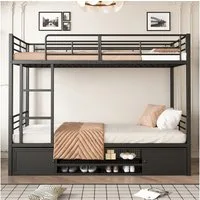 Flieks Etagenbett, Kinderbett Metallbett 90x200cm mit Schuhregal, Lagerschrank und Leiter