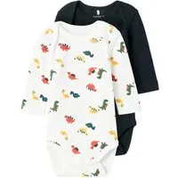 Name It Langarmbody 2er Pack Jungen Baby Bodys "Dino" Bright White-86 (Packung, 2-tlg., 2er-Pack) mit Druckknöpfen im Schritt