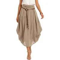 dy_mode Ballonrock Damen Leinenrock Midi Ballonrock Sommerrock Midirock in Unifarbe, mit Teil-Gummibund, Variabler 2-in-1 Look