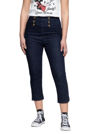 Queen Kerosin Damen High Waist Capri Jeanshose dunkelblau