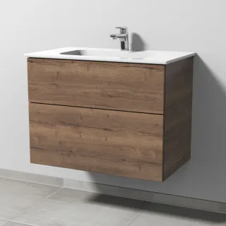 Sanipa 3way Keramik-Set Design Keramik-Waschtisch und Unterbau mit 2 Auszügen, Eiche-Tabak SM48050