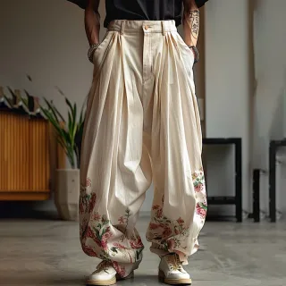 INCERUN Men Stylish Design Ankle Part Floral Print Wide Leg Pants with Pockers, Comfy Loose Botton Zipper Trousers 5XL f