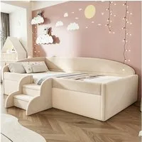 Flieks Polsterbett, Kinderbett Schlafsofa Einzelbett 90x190cm mit Treppe und Lattenrost